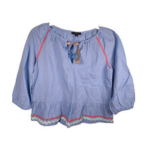 J Crew Swing RIckrack Trim Linen Blend Blue Top Womens Sz XXS Peasant Boho